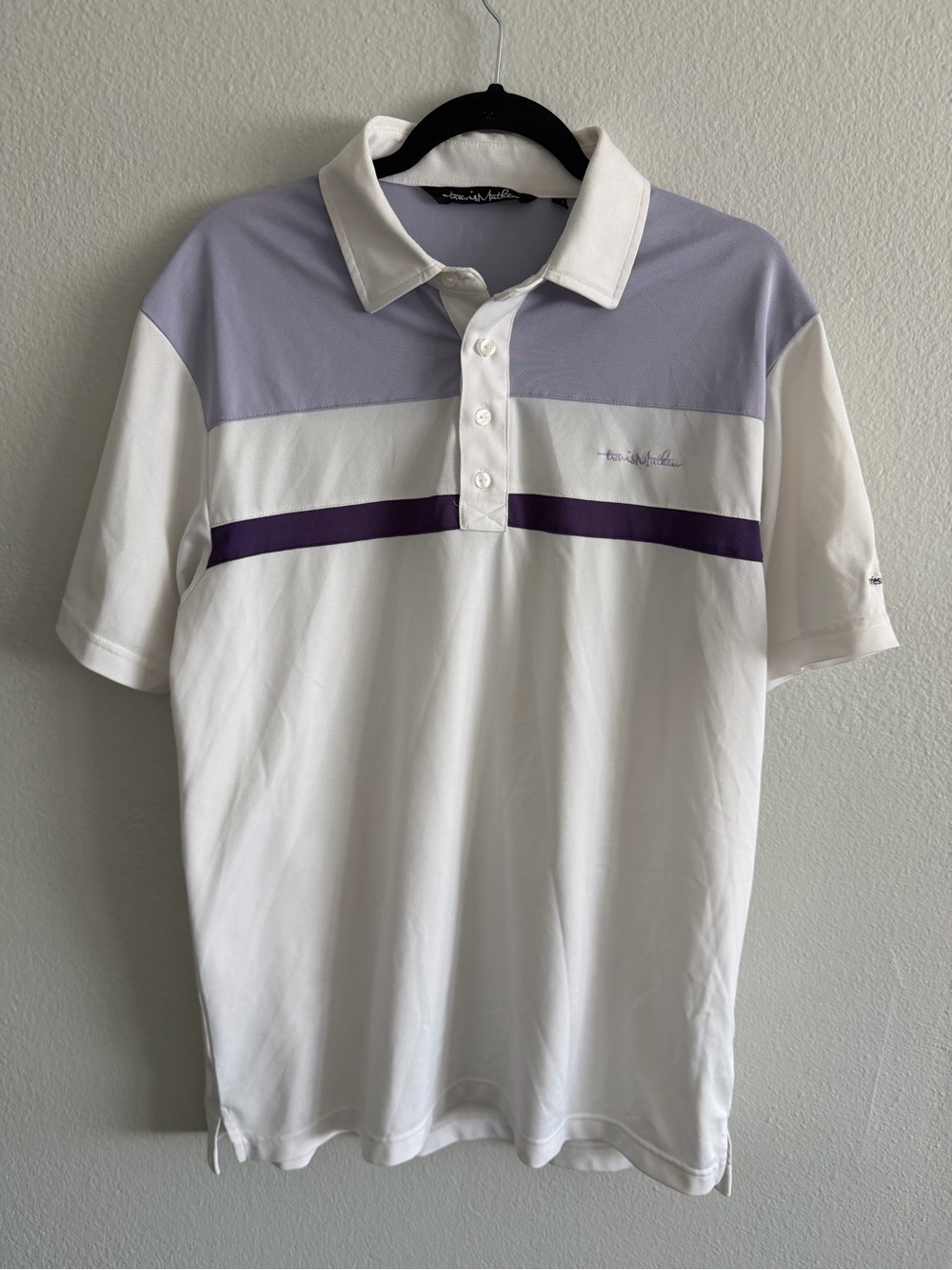 Travis Mathew White Polo with Lavender Yoke and Purple Stripe Size L